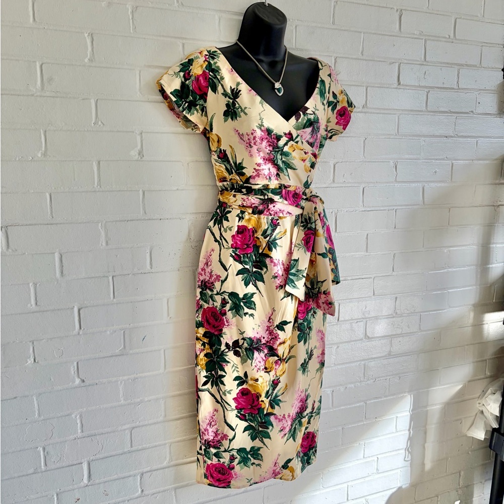 Floral Wrap Midi Dress in Cream with Pink Rose Print